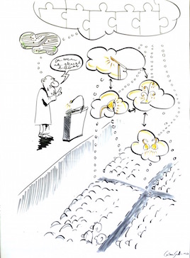 Karikatur: Austausch Wissenschaftler und Publikum