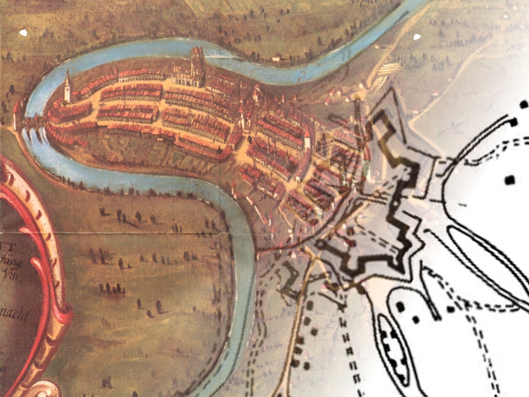 Collage aus «Grundryss der Statt Bern» von 1623 und der Zeichnung zur Veranschaulichung der erreichten Genauigkeit von 1959