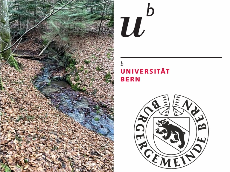 Micro-catchment area in the Bremgarten Forest and logos of the University of Bern and the Burgergemeinde Bern