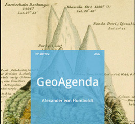 front page picture of GeoAgenda with a drawing of Alexander von Humboldt showing four mountain peaks