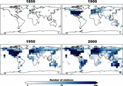 Four maps of the world showing the number of stations in 1850, 1900, 1950 and 2000