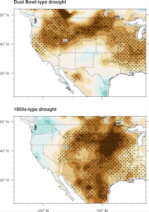 two maps showing dust bowl-type drought and 1950s-type drought in North America