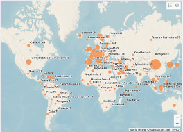 Weltkarte der WHO welche die Ausbreitung von COVID-19 zeigt