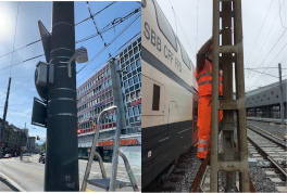 Left: Temperature Sensor on the Bubenberplatz. Right: Mounting a logger on the train track of Bern main station.