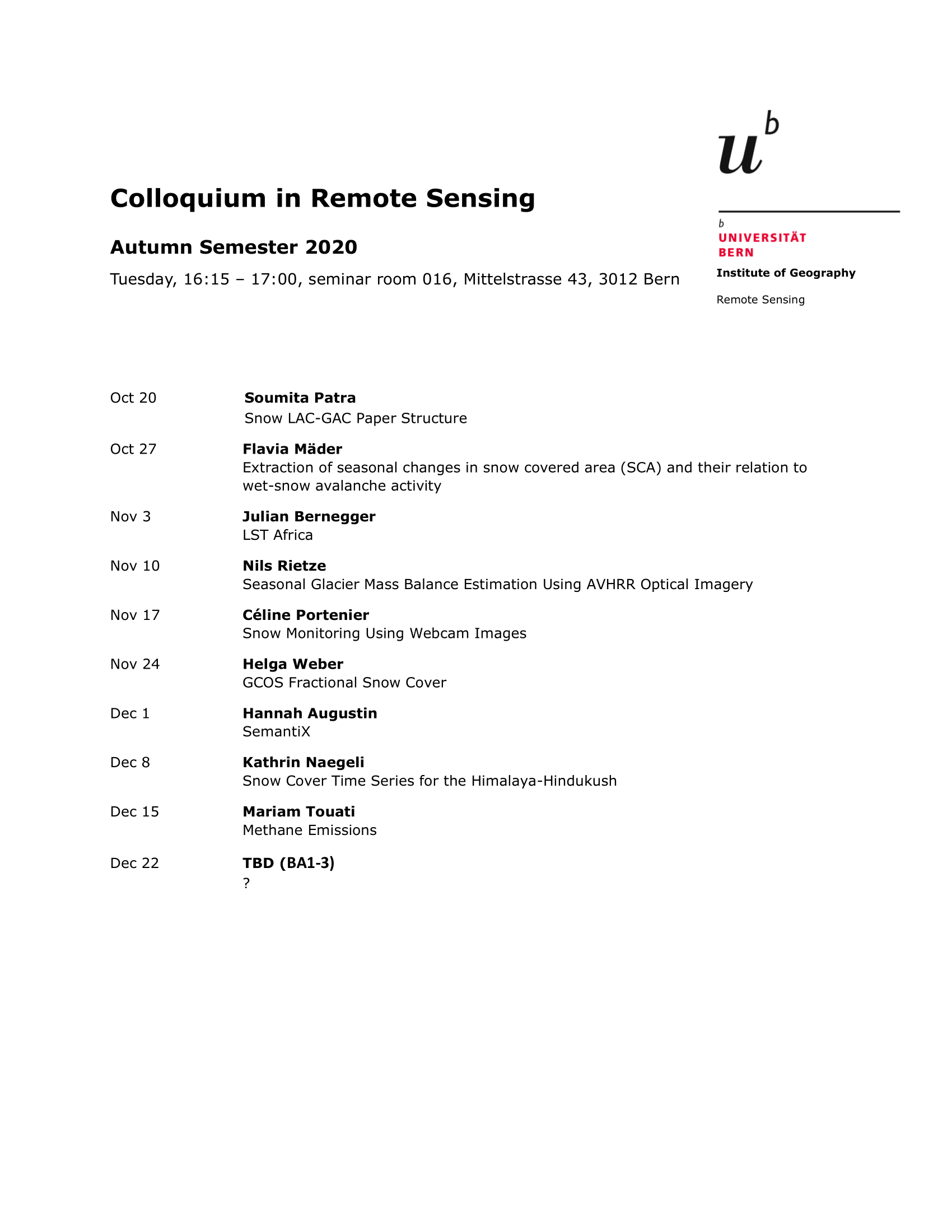 Vorschau auf das Kolloquium der Fernerkundung für FS2019