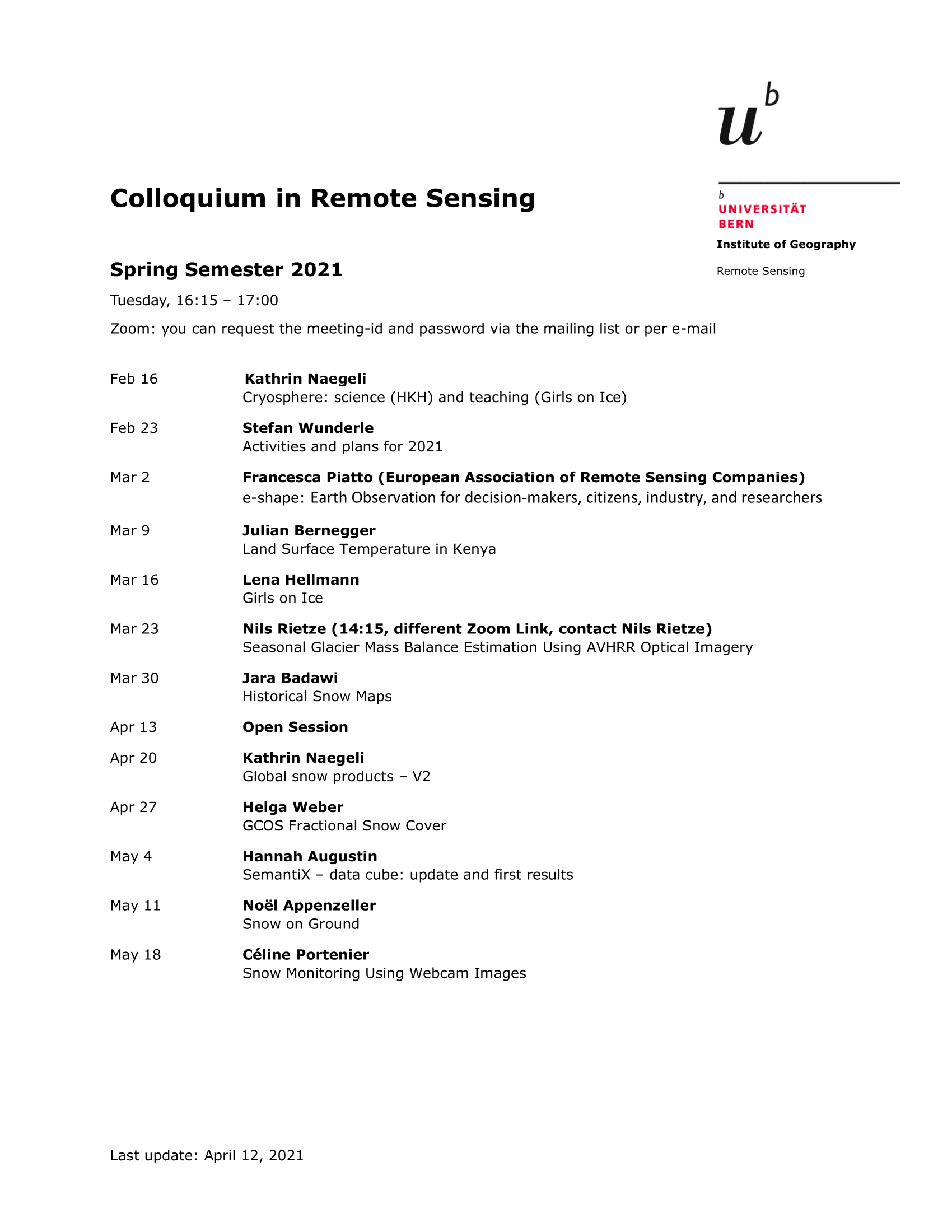 Programm Colloquium SS21