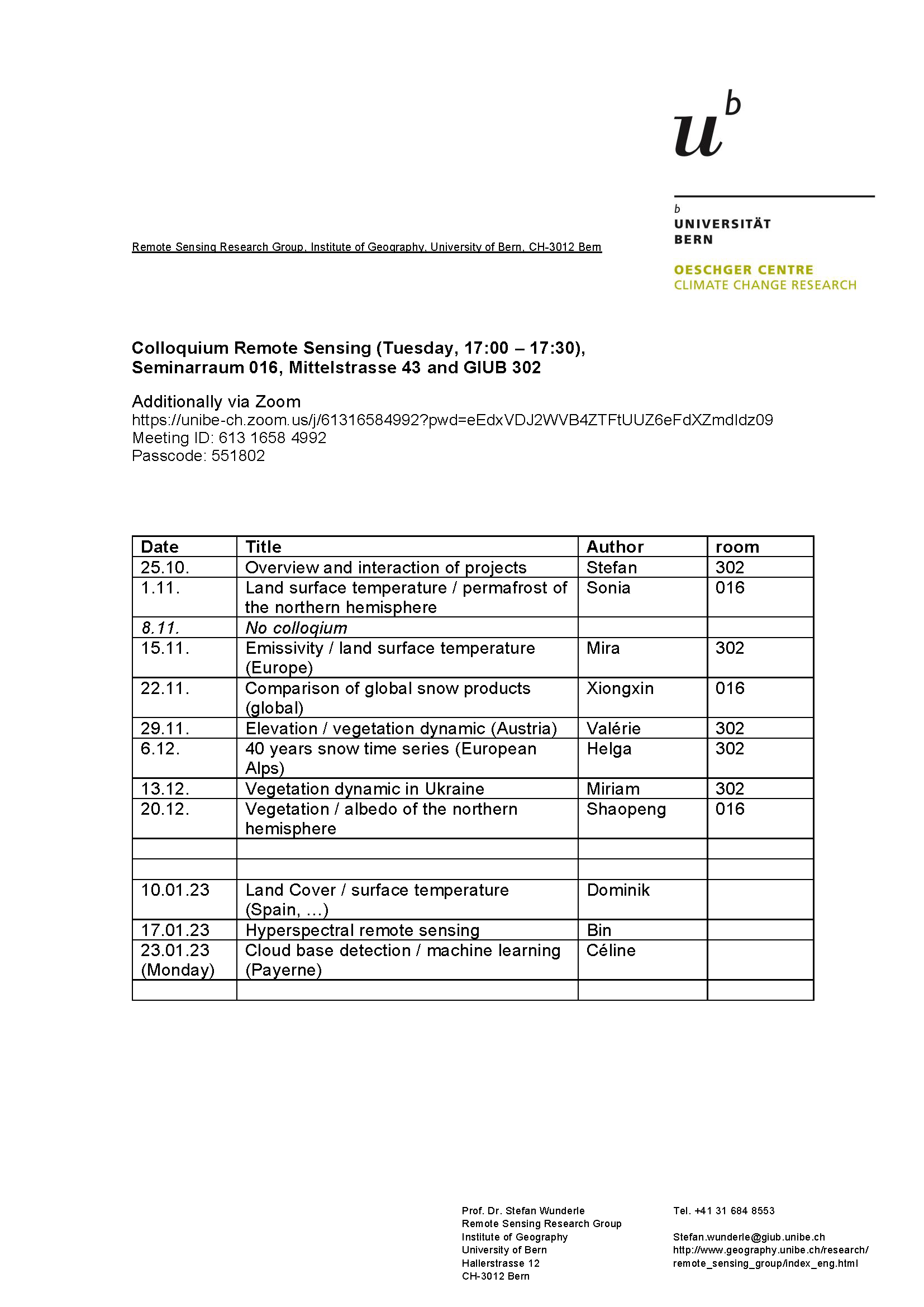 Programm Colloquium FS 2022