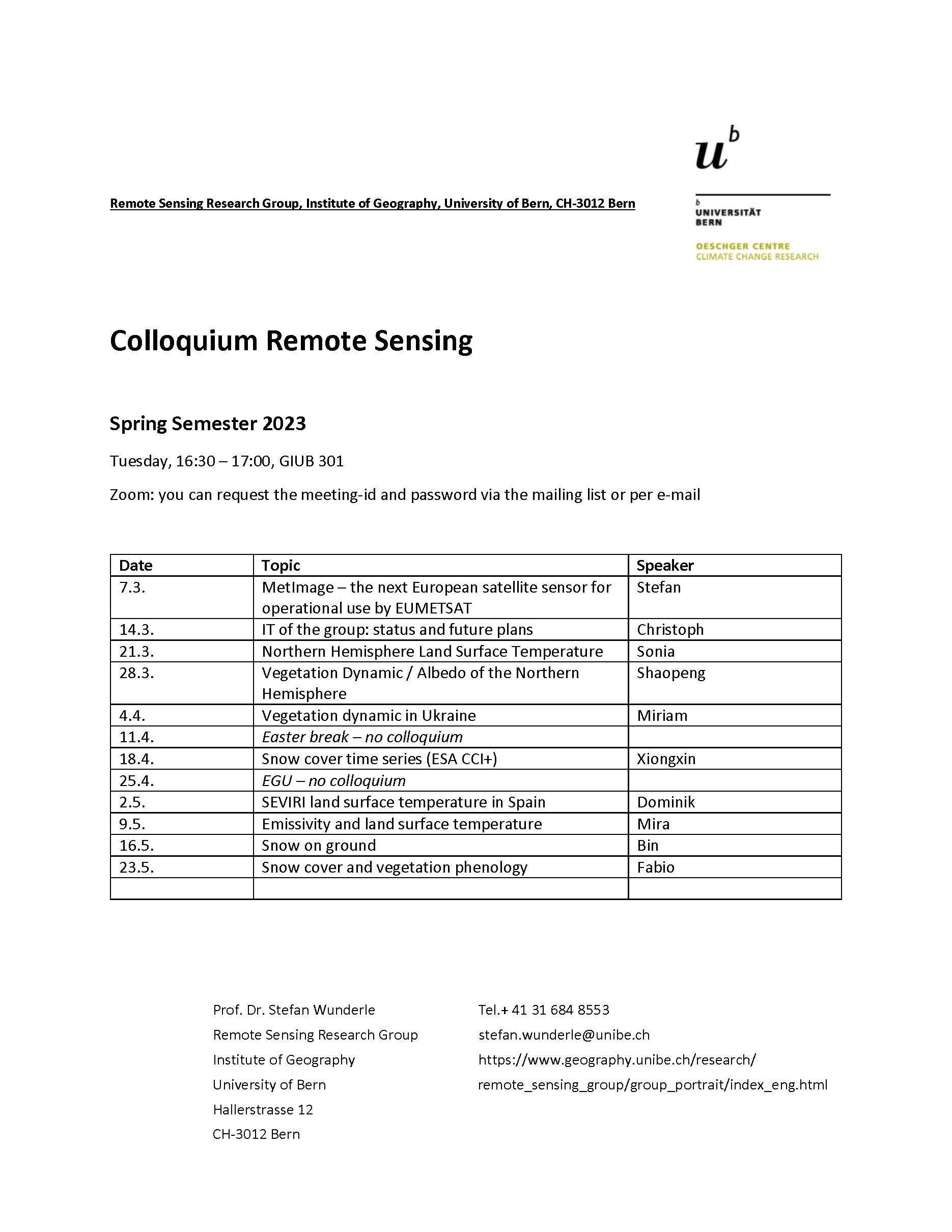 Programm Colloquium FS 2022