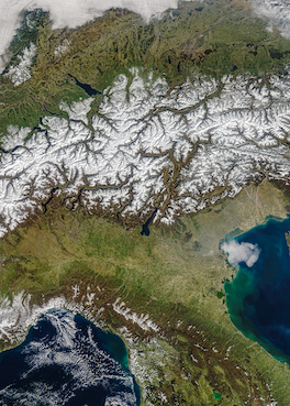 MODIS/Terra Satellitenbild der schneebedeckten Alpen, 20. März 2016