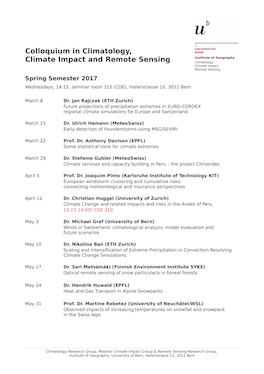 Vorschau auf das Kolloquium der Klimatologie, Klimafolgen und Fernerkundung für FS2017