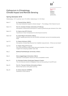 Vorschau auf das Kolloquium der Klimatologie, Klimafolgen und Fernerkundung für FS2018