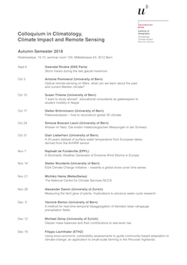 Vorschau auf das Kolloquium der Klimatologie, Klimafolgen und Fernerkundung für HS2018