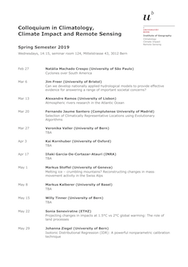 Vorschau auf das Kolloquium der Klimatologie, Klimafolgen und Fernerkundung für FS2019