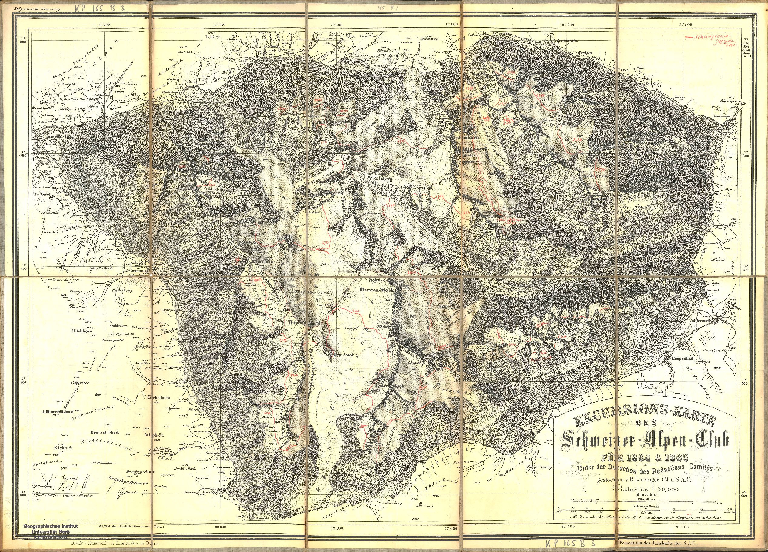 Exkursionskarte SAC 1866 mit Schneehöhen von 1892