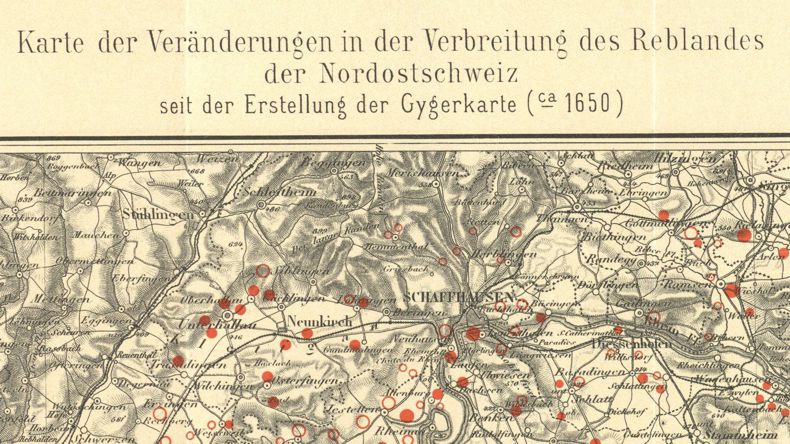 Ausschnittt aus der Karte der Veränderungen in der Verbreitung des Reblandes der Nordostschweiz